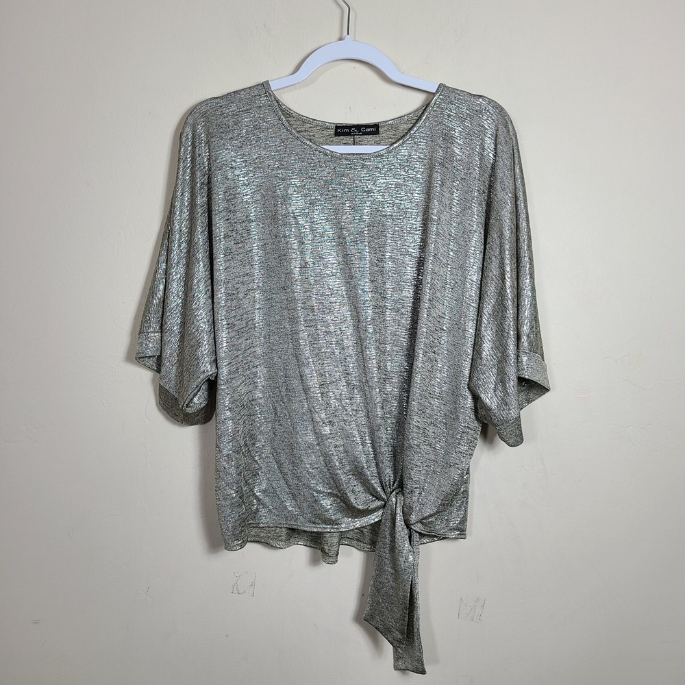 Kim & Cami Silver Metallic Knit Dolman Sleeve Tie Front Top M Indie Sleaze Retro